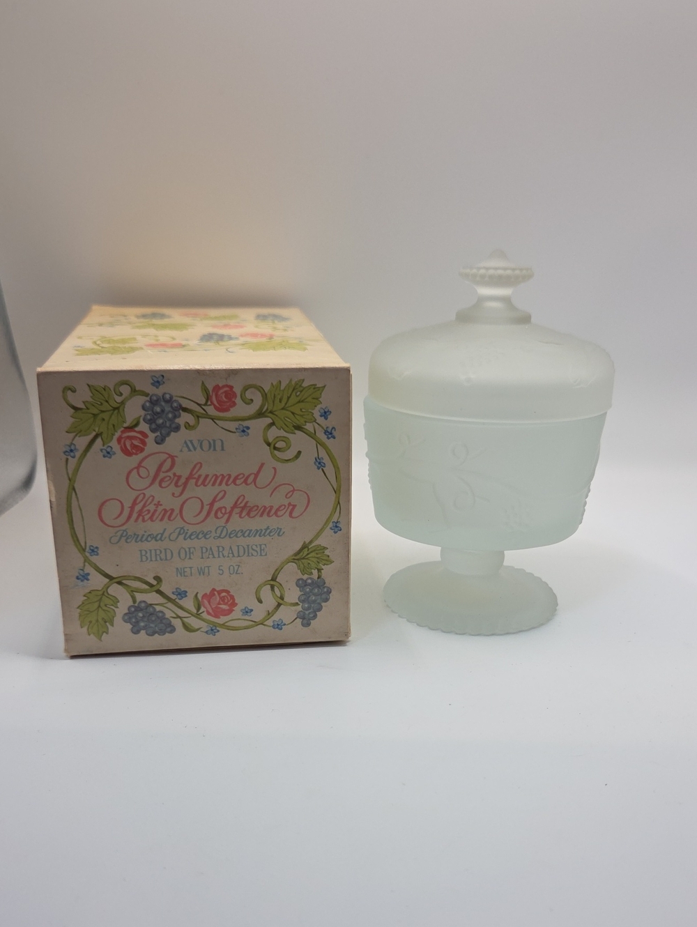 Avon Bird of Paradise Perfumed Skin Softener Jar - Frosted Glass. Vintage